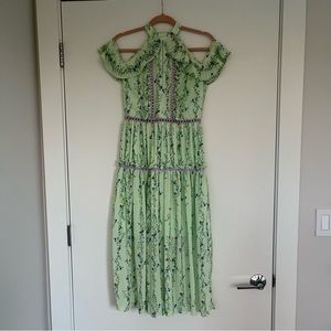 Mint Green Halter Neck Dress with Pleated Off the Shoulder Sleeves